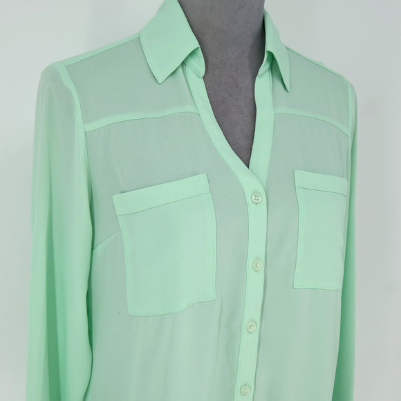 Express Top Womens Small Mint Green The Portofino Shirt Blouse Roll Tab Sleeves - Picture 6 of 15